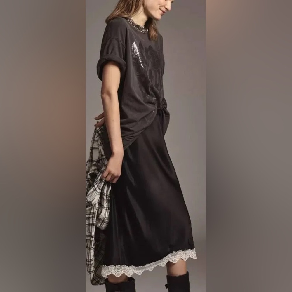 Black Satin + Lace Tilda Skirt by Anthropologie